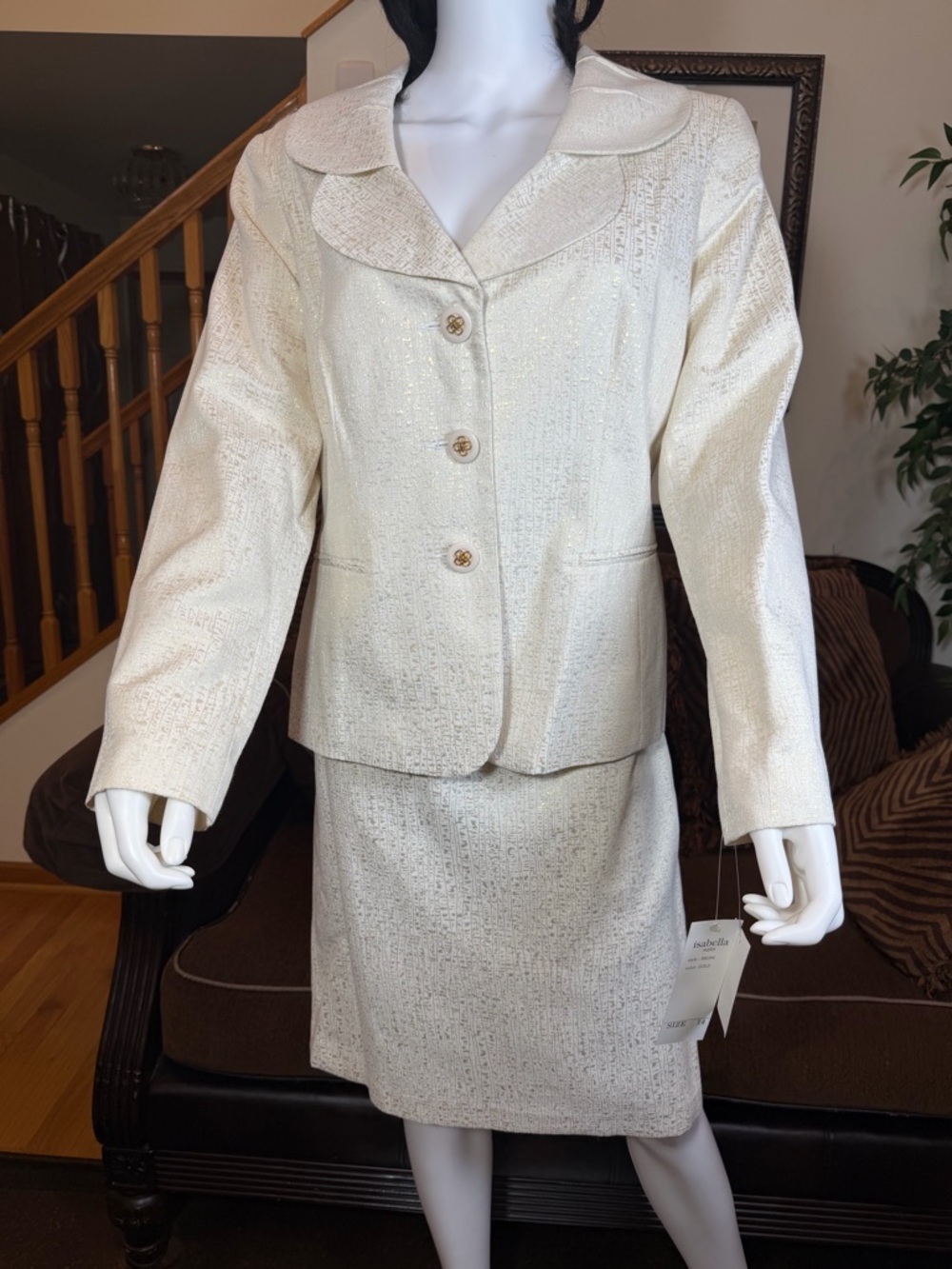 Isabella Cream and Gold Textured Women's Lined Skirt Suit and Jacket. NWT